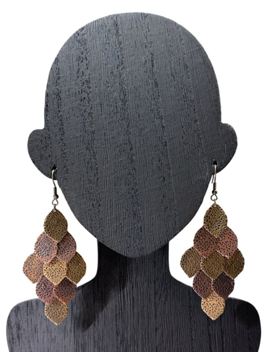 Chandelier Earrings Layered Leaves Hammered Texture Brown Copper 3.5 Inch NWOT